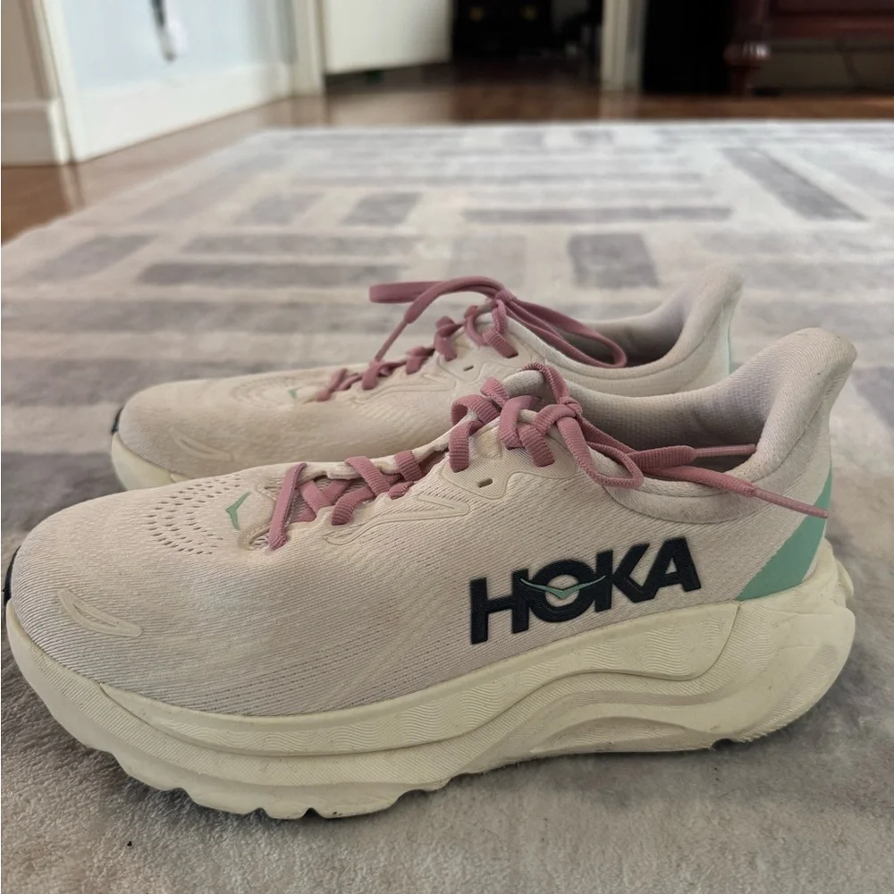 Hoka Women's White Sneakers with Pink Laces and Teal Heel Accent - Picture 3 of 5